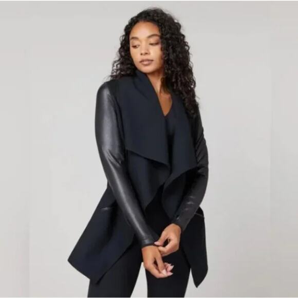 SPANX Drape Front Jacket Black Ponte Faux Leather Sz XS {3N27} - Picture 1 of 7